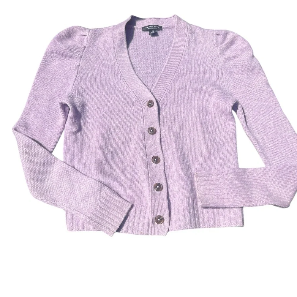 SAKS FIFTH AVENUE Puff-Sleeve 100% Cashmere Cardigan - Picture 2 of 7